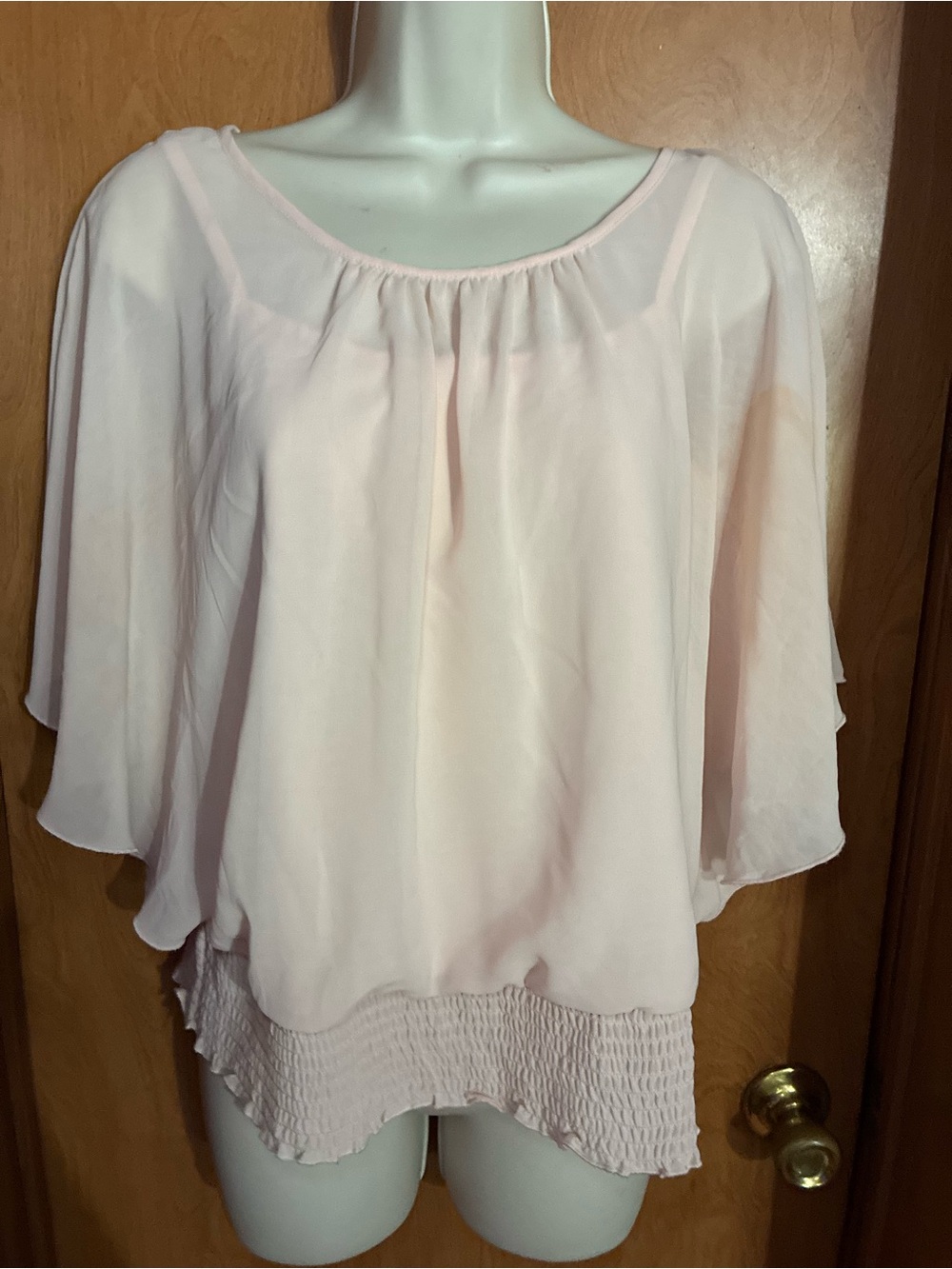 Y2K A. Byer Pale Pink Flutter Sleeve Blouse with Smocked Hem Size Medium